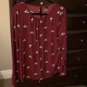 Ann Taylor size medium wine colored blouse pleated neck with floral print
